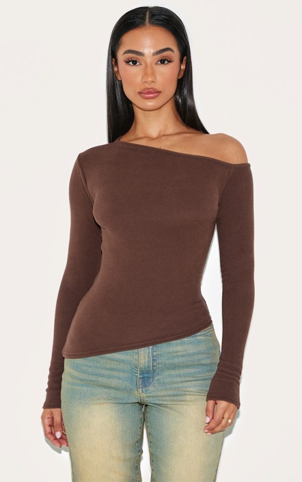 Petite Chocolate Asymmetric Soft Touch Long Sleeve Top