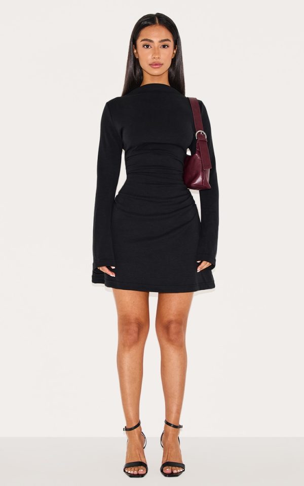 Petite Black Modal Long Sleeve Ruched Mini Dress