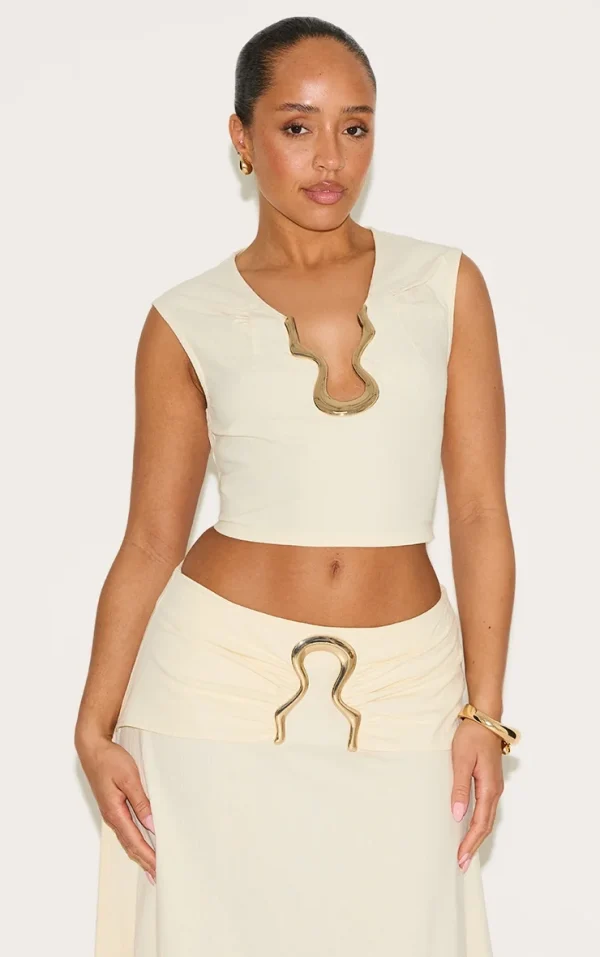 Shape Cream Linen Look Gold Wave Trim Crop Top