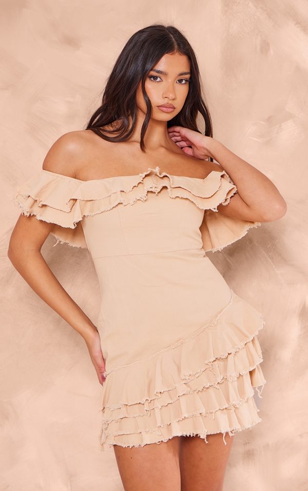 Cream Twill Bardot Frayed Edge Tiered Shift Dress