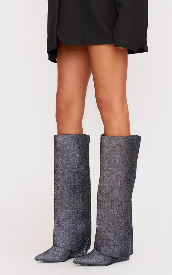 Gunmetal Diamante Point Toe Fold Over Wedged Knee High Boots
