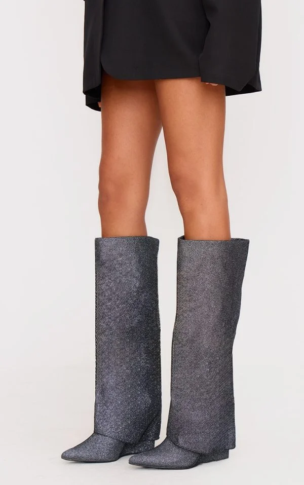 Gunmetal Diamante Point Toe Fold Over Wedged Knee High Boots