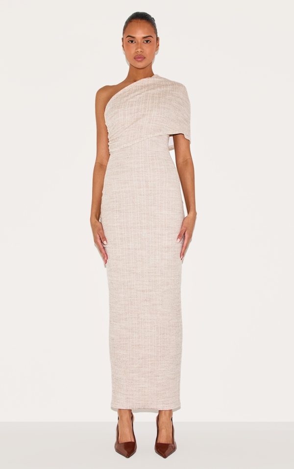 Stone Textured Asymmetric One Shoulder Maxi Dress