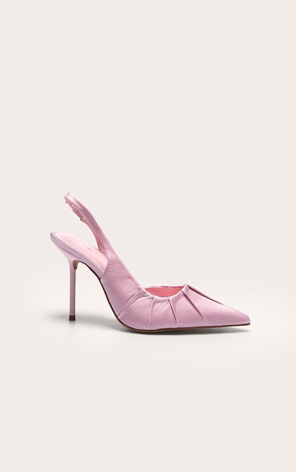 Primrose Pink Satin Point Toe Ruched Sling Back High Stiletto Heeled Courts