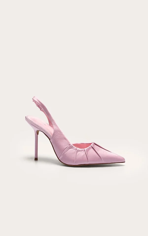 Primrose Pink Satin Point Toe Ruched Sling Back High Stiletto Heeled Courts