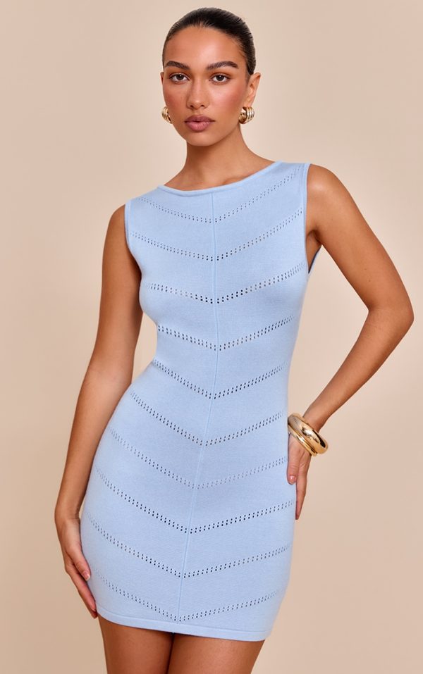 Blue Soft Knit Pointelle Detail Boat Neck Mini Dress