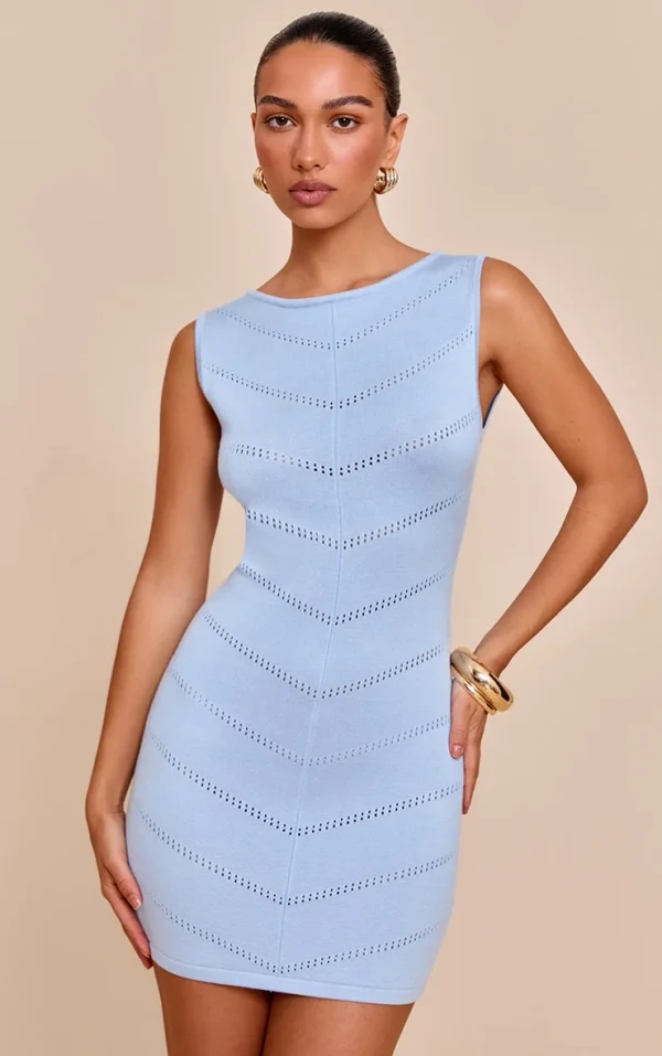 Blue Soft Knit Pointelle Detail Boat Neck Mini Dress