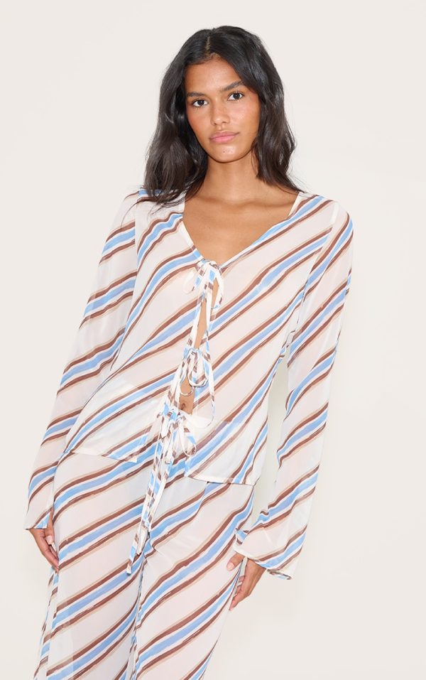 Blue Stripe Tie Detail Floaty Long Top