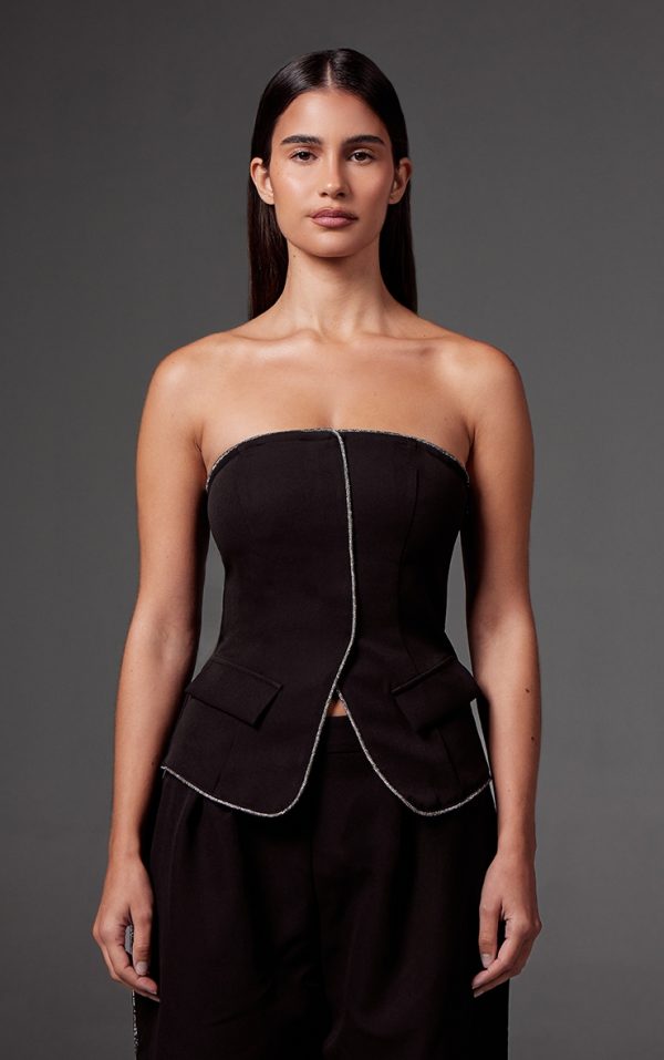 Black Woven Tailored Diamante Trim Bandeau Top