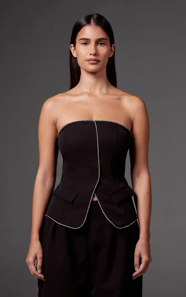 Black Woven Tailored Diamante Trim Bandeau Top