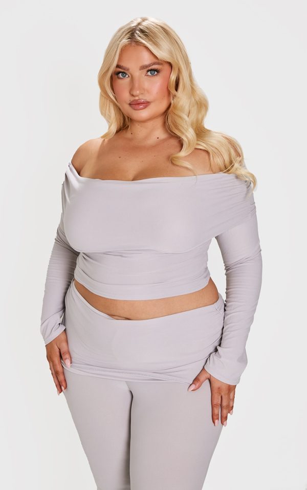 Plus Grey Marl Countour Jersey Bardot Long Sleeve Top
