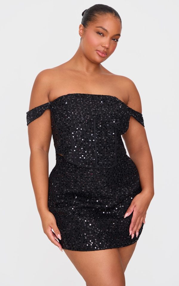 Plus Black Sequin Detail Crop Top