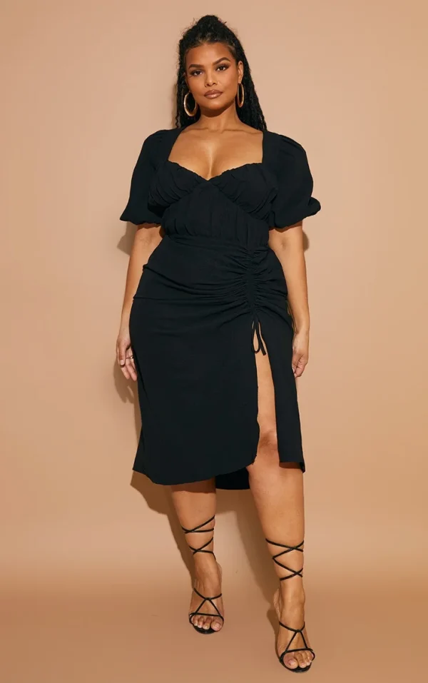 Plus Black Puff Sleeve Ruched Split Side Midi Dress