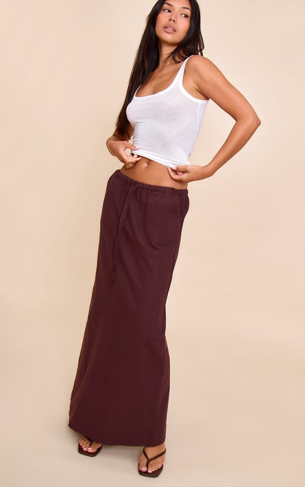 Deep Chocolate Premium Linen Drawstring Maxi Skirt