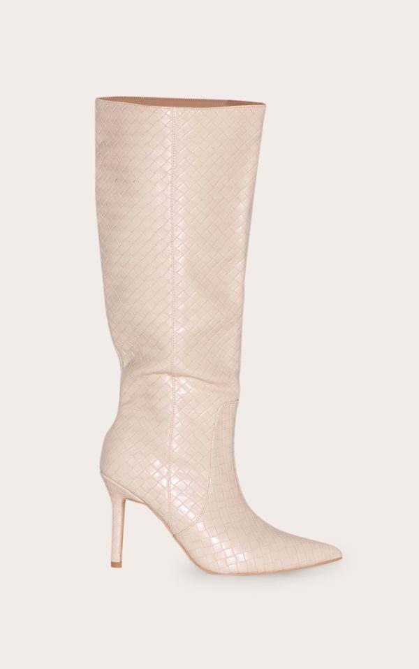 Oatmeal PU Point Toe Basket Weave Knee High Boots