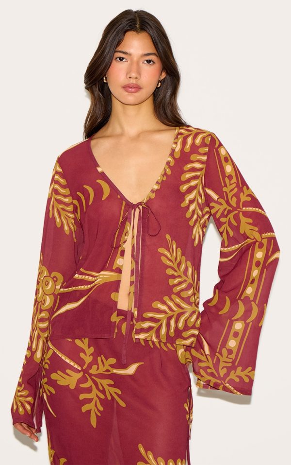 Brown Sheer Floral Long Sleeve Tie Front Top