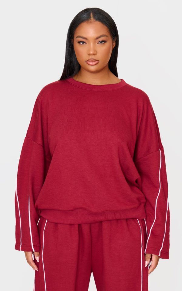 Plus Dark Red Contrast Piping Detail Sweatshirt