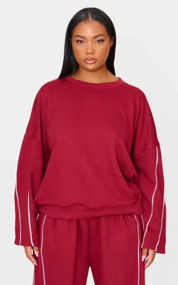 Plus Dark Red Contrast Piping Detail Sweatshirt