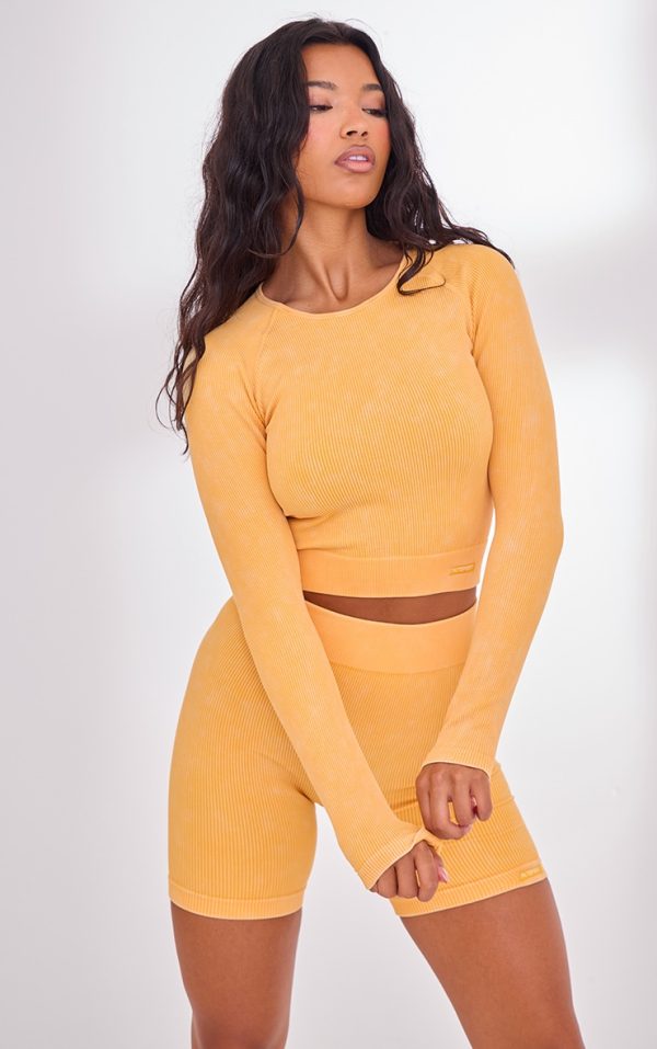 PLT SPORT Mustard Acid Wash Seamless Rib Long Sleeve Sports Top