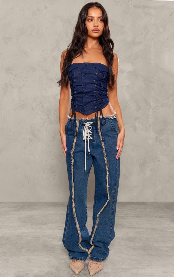Petite Mid Blue Wash Denim Lace Up Jeans With Fray Details