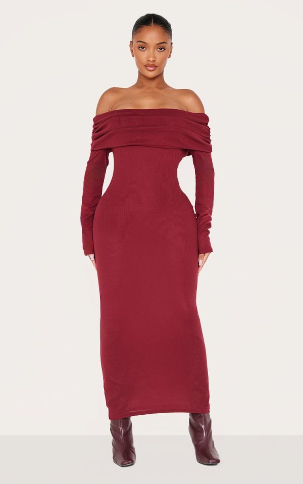 Shape Burgundy Rib Bardot Long Sleeve Maxi Dress