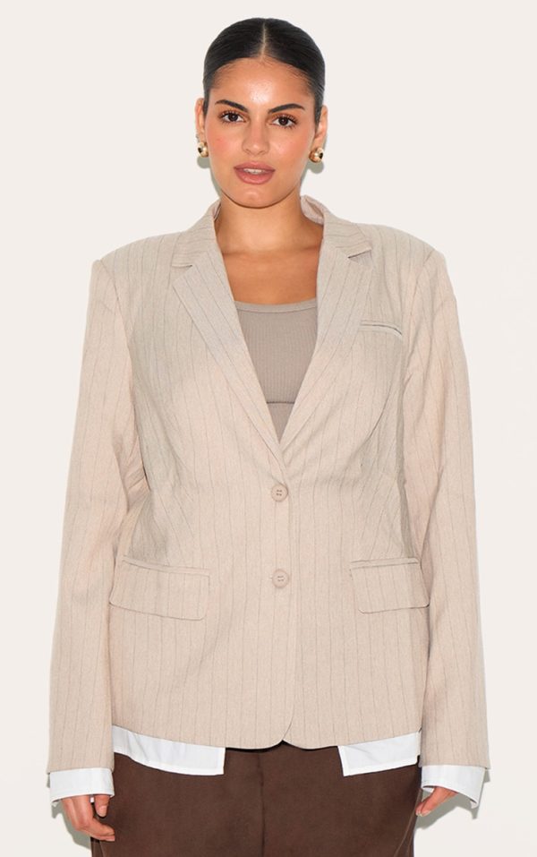 Plus Taupe Pinstripe Shirt Detail Blazer