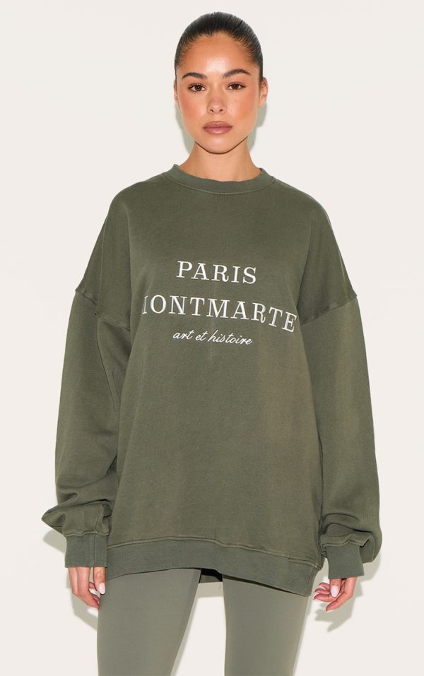 Khaki Washed Paris Montmarte Print Oversized Sweatshirt