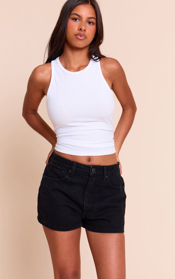 Petite Washed Black High Waisted Basic Shorts
