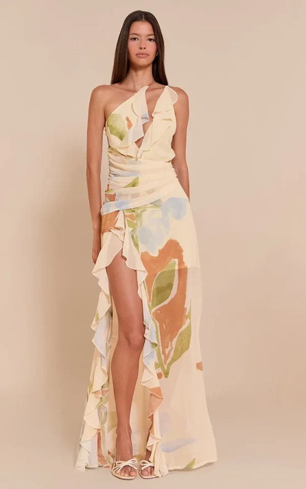 Blue Floral Chiffon Frill Plunge Strappy Maxi Dress