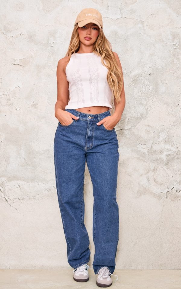 Mid Blue Wash Dipped Back Waistband Boyfriend Jeans