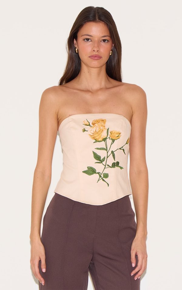 Beige Woven Embroidered Floral Corset