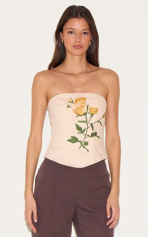 Beige Woven Embroidered Floral Corset