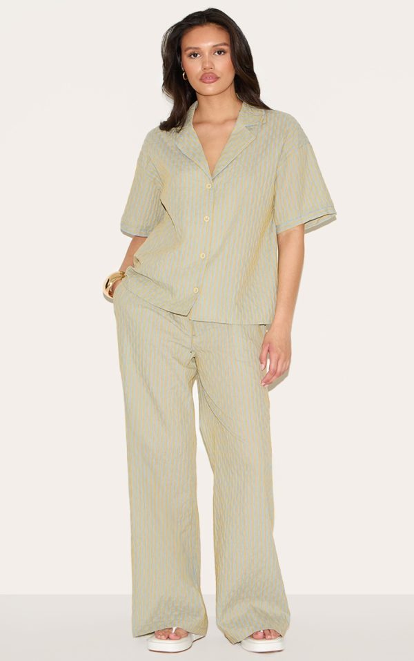 Green Striped Textured Wide Leg Pant