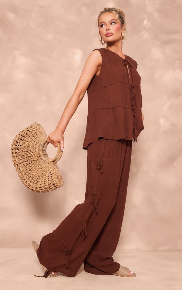 Chocolate Brown Tie Detail Wide Leg Pants