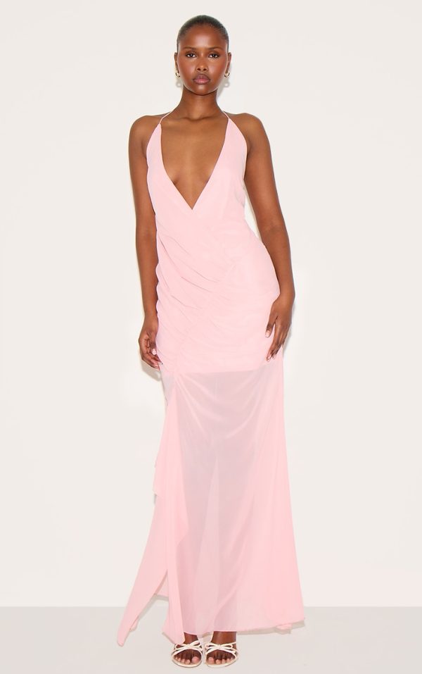 Pale Rose Chiffon Asymmetric Ruched Maxi Dress