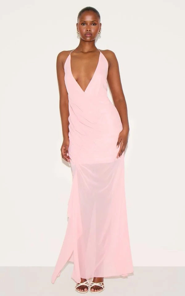 Pale Rose Chiffon Asymmetric Ruched Maxi Dress