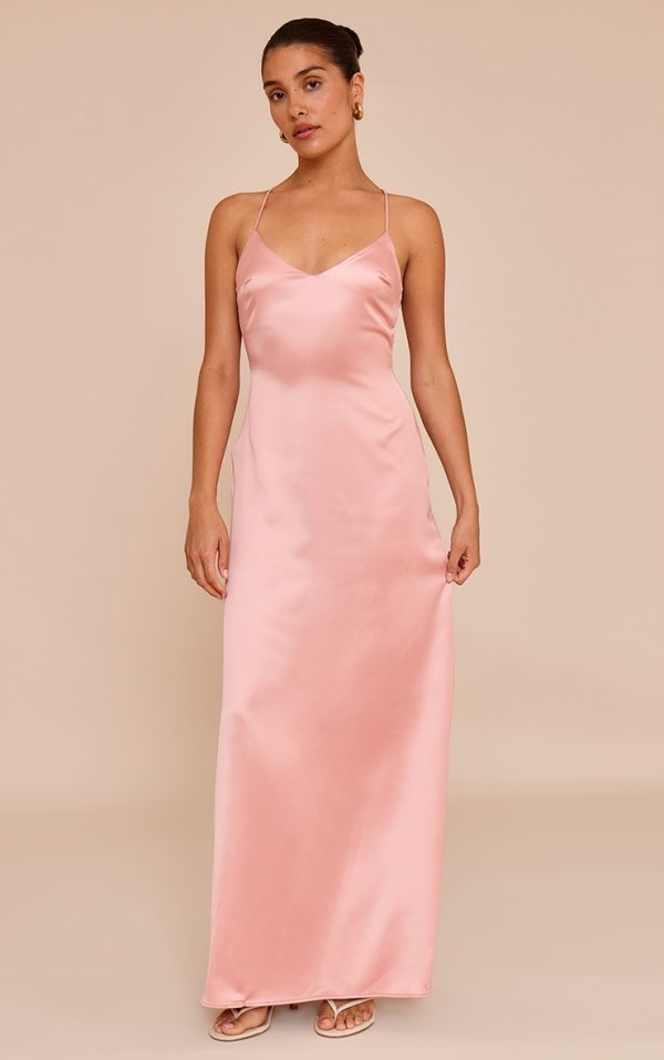 Petite Baby Pink Satin Strappy Open Back Maxi Dress