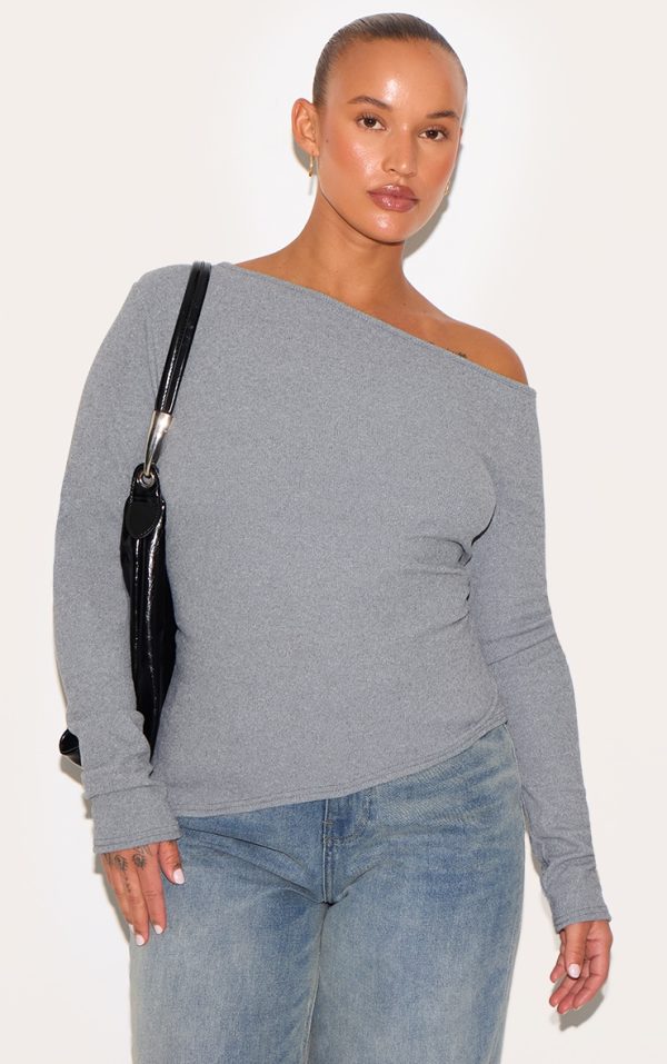 Plus Grey Bardot Soft Touch Rib Long Sleeve Top