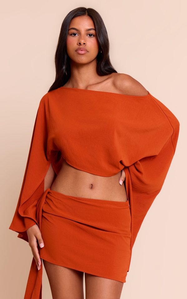 Petite Rust Floaty Woven Slash Neck Long Sleeve Top