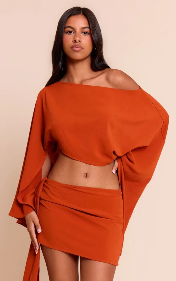 Petite Rust Floaty Woven Slash Neck Long Sleeve Top