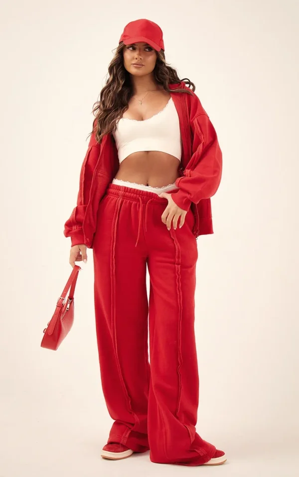 Red Oversized Wide Leg Seam Detail Sweatpants