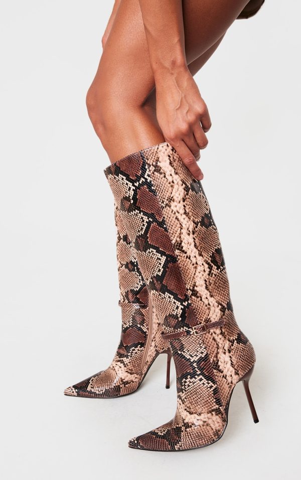 Snake PU Point Toe Knee High Stiletto Heeled Boots