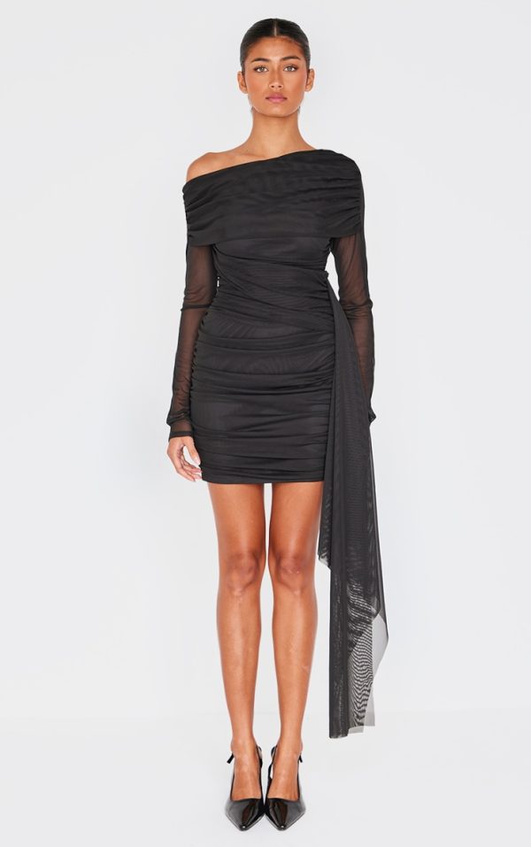 Black Mesh Long Sleeve Foldover Drape Mini Dress