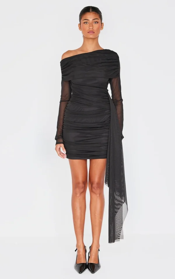 Black Mesh Long Sleeve Foldover Drape Mini Dress