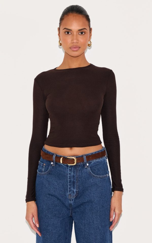 Chocolate Soft Touch Longline Sleeve Top