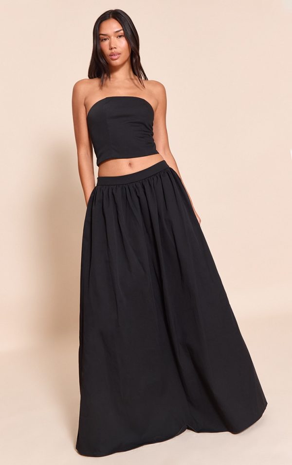 Black Woven Band Detail Pleated Maxi Skirt