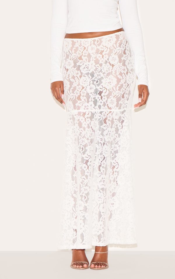 White Floral Lace Sheer Maxi Skirt