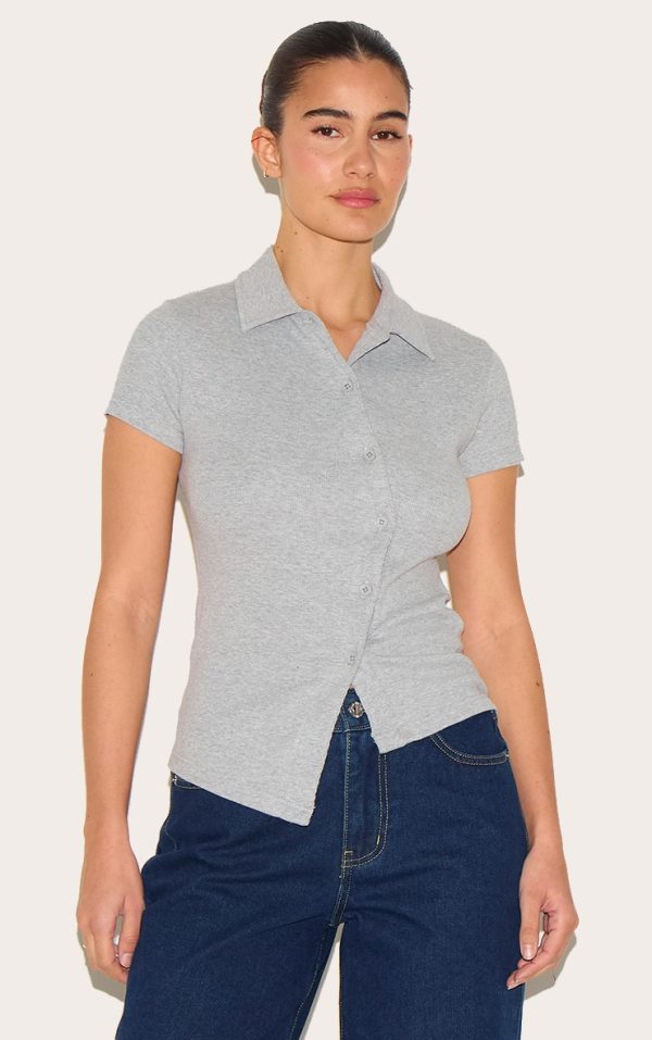 Grey Marl Rib Asymmetric Button Detail Fitted Polo Top