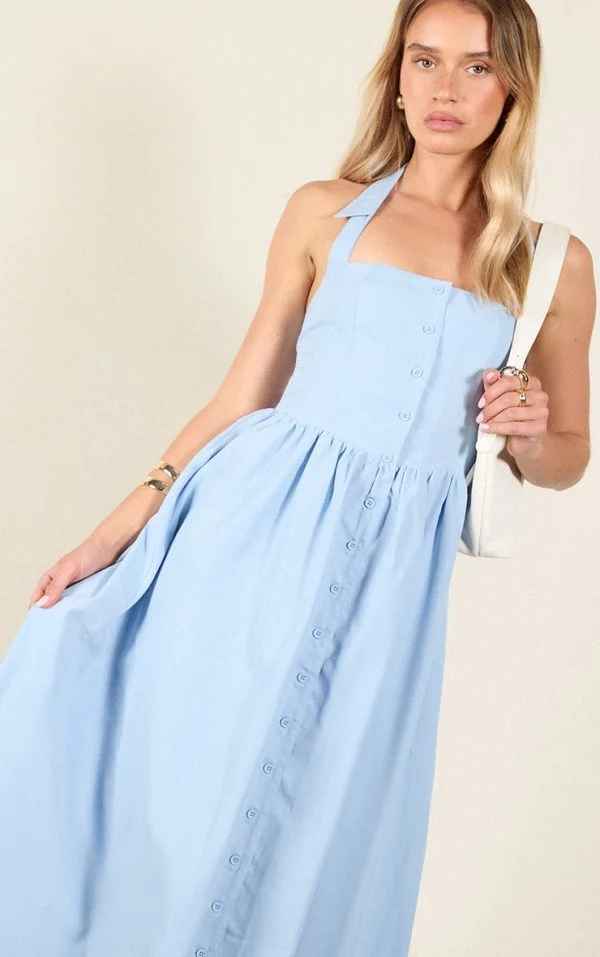Blue Woven Button Collar Midaxi Dress