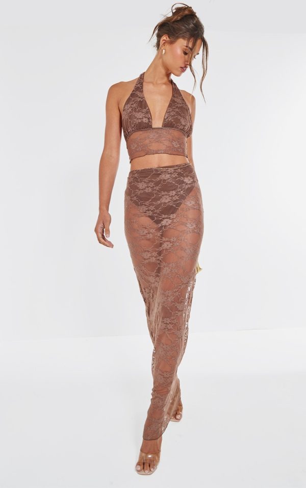 Brown Lace Sheer Maxi Skirt